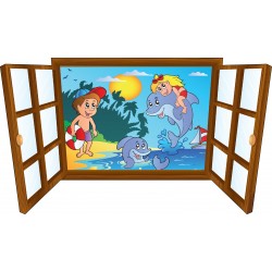 Sticker enfant fenêtre Enfants & dauphins dans l'eau
