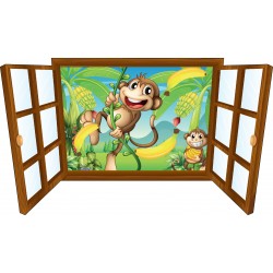 Sticker enfant fenêtre singes et bananes