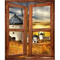 Stickers fenêtre trompe l'oeil Maisons avec moulins