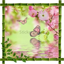 Sticker mural déco bambous Papillons et fleurs roses