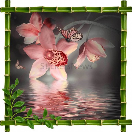 Sticker mural déco bambous Orchidée rose et papillon
