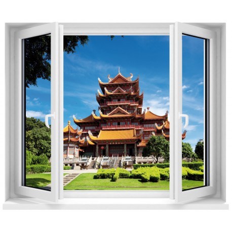 Sticker déco trompe l'oeil fenêtre Temple Chinois