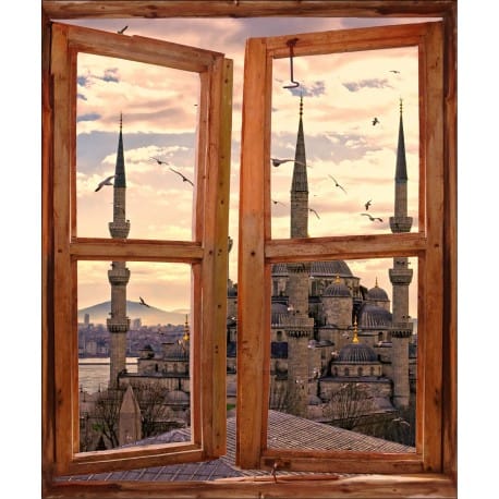 Sticker Fenêtre trompe l'oeil Vue sur une Mosquée
