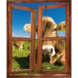 Sticker fenêtre trompe l'oeil déco Vache