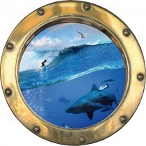 Sticker hublot trompe l'oeil Requin et Surfeur