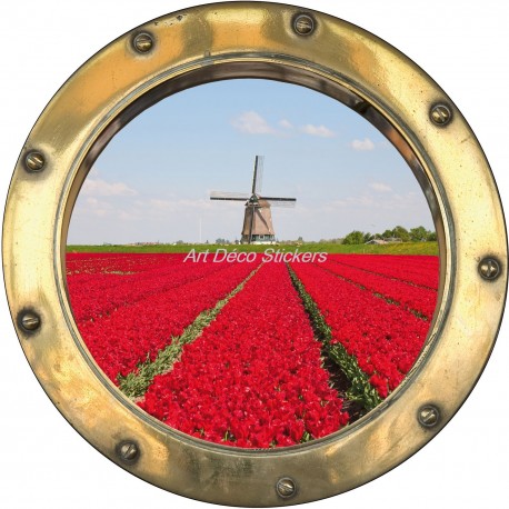 Sticker hublot trompe l'oeil Champ de tulipe