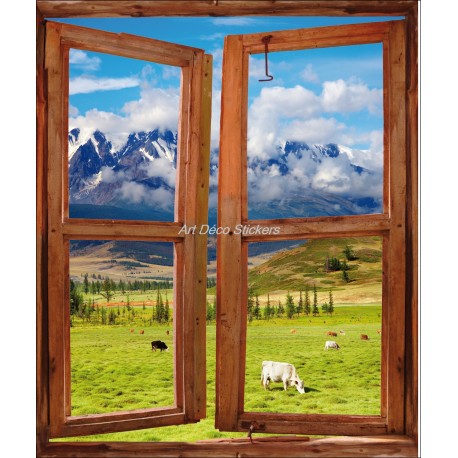 Sticker fenêtre trompe l'oeil déco Prairie Vache