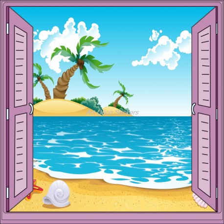 Sticker enfant fenêtre trompe l'oeil plage palmier