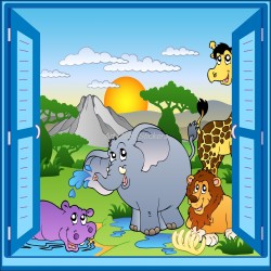 Sticker enfant fenêtre trompe l'oeil animaux safari