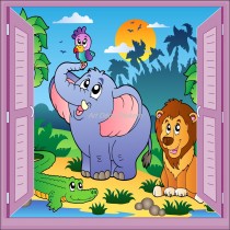 Sticker enfant fenêtre trompe l'oeil éléphant lion perroquet