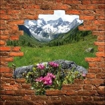 Sticker mural trompe l'oeil mur de pierre vue sur la montagne